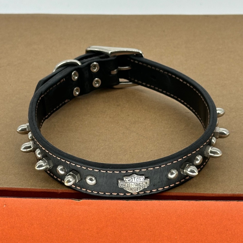 VTG Harley Davidson Black Leather Spiked Studded Dog Collar Stitching Buckle